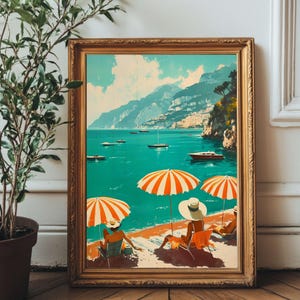 Retro Amalfi Coast Beach Print | Vintage Italy Poster | Turquoise Sea Wall Art | Mid Century Beach Decor | Coastal Art for Living Room