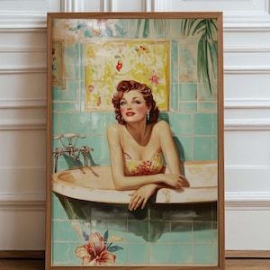 Retro Bathroom Wall Art | Vintage Bathroom Print l Bathtub Print | 1950s Glam Bathroom Decor | Digital Download | Toilet Print