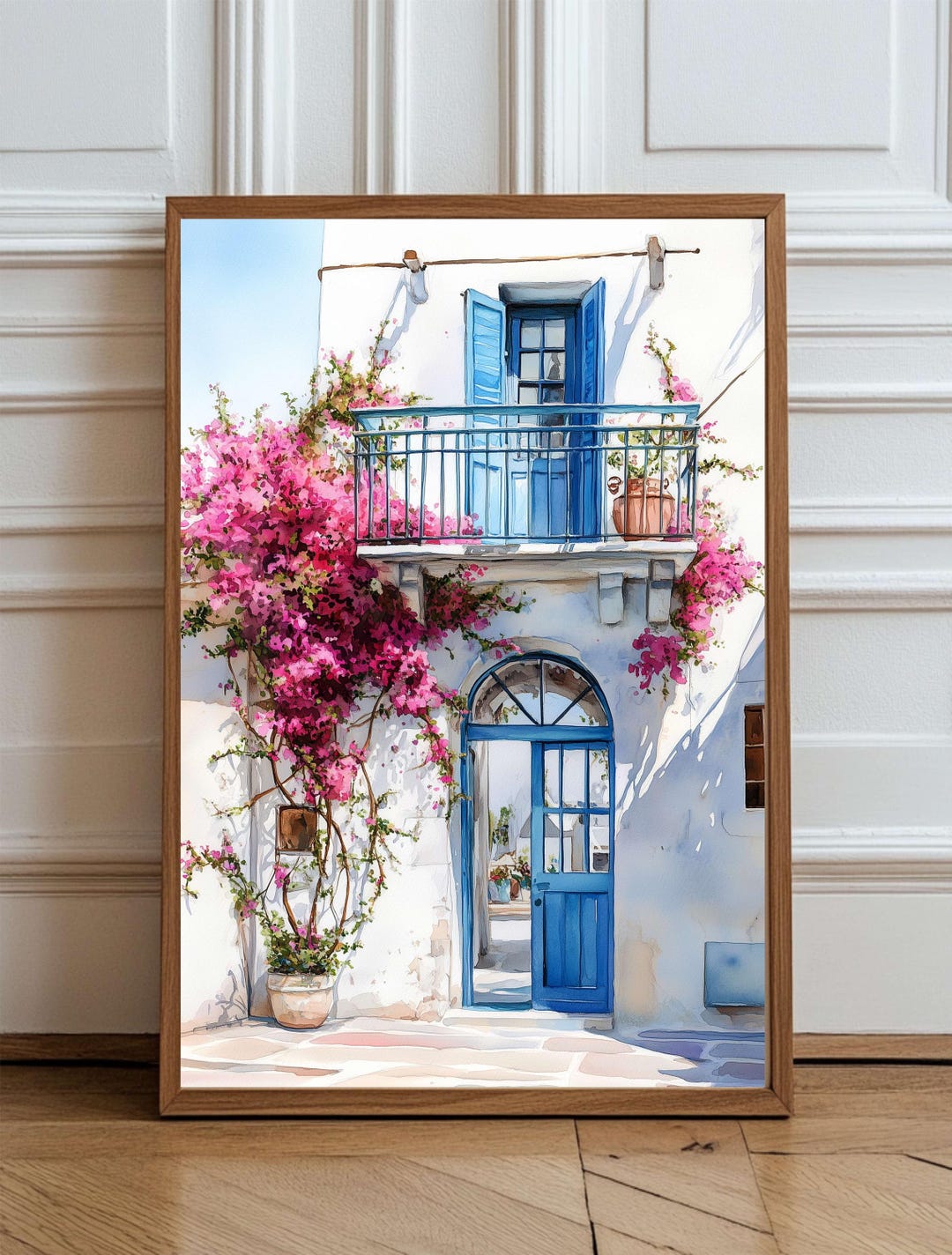 Greek Island Doorway Watercolor Print – Blue Shutters &amp; Bougainvillea ...