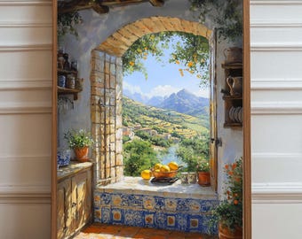 Tuscan Kitchen View with Lemons – Rustic Italian Countryside Digital Wall Art Print, Sunny Farmhouse Landscape Painting for  Decor