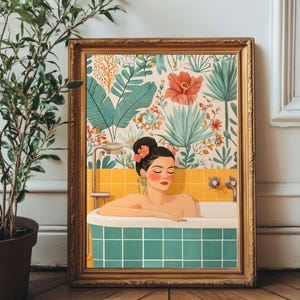 Tropical Retro Bathroom Wall Art | Vintage Woman in Bathtub | Digital Download | Botanical Floral Tile Printable Decor
