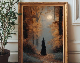 Witch and Black Cat Wall Art | Autumn Village Digital Download | Vintage Oil Painting Style Halloween Home Decor