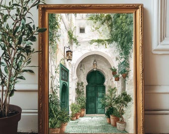 Moroccan Courtyard Watercolor Print | Green Door Wall Art | Mediterranean Home Decor | Boho Botanical Archway Painting | Digital Download