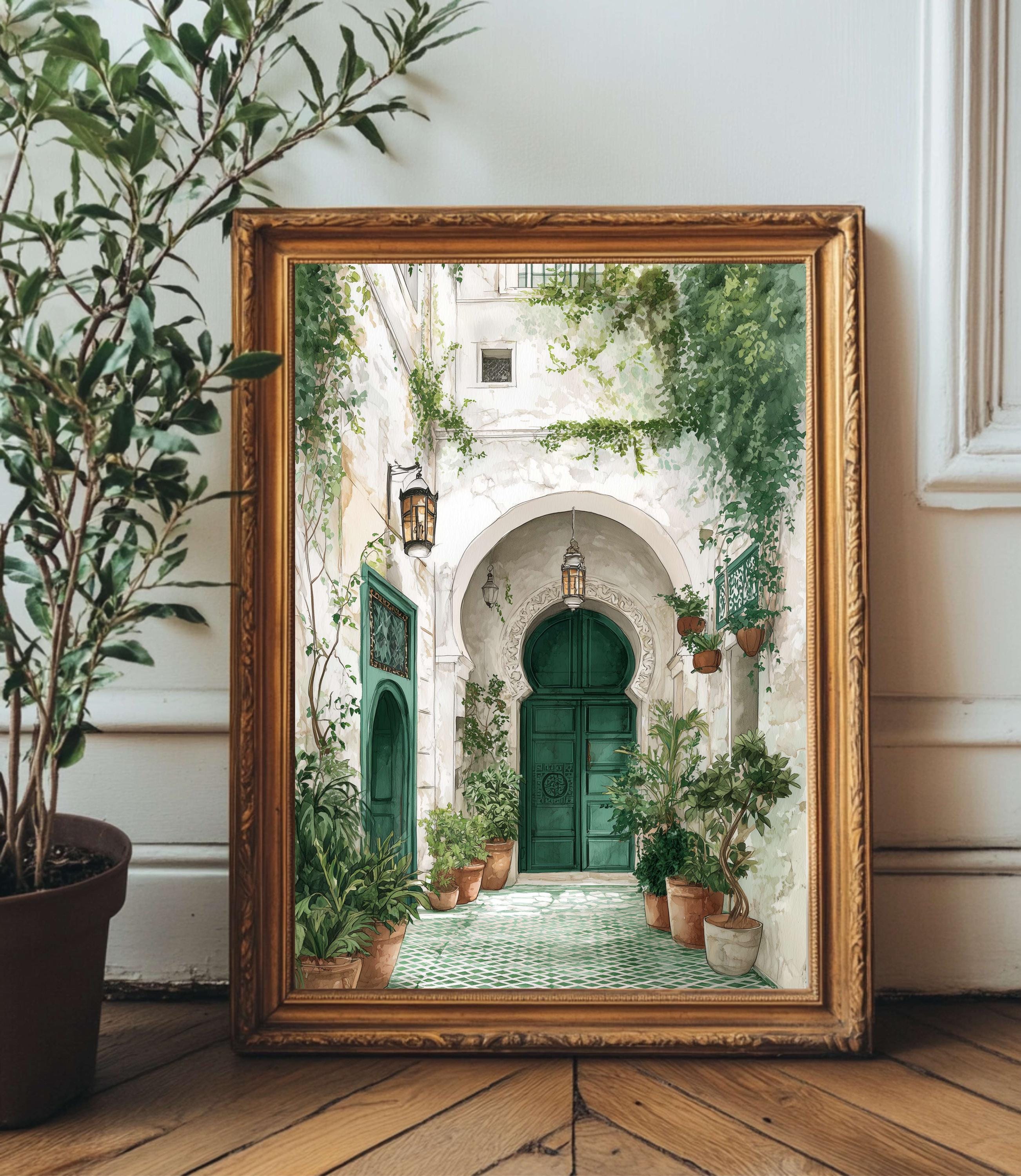 Moroccan Courtyard Watercolor Print | Green Door Wall Art ...