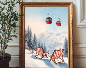 Watercolor Ski Resort Print, Alpine Winter Gondola Art (Digital Download)