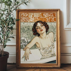 Retro Bathroom Wall Art | Eclectic Elegant Woman in Vintage Bathtub |Floral Botanical Bathroom Decor | Printable Art | Glam Chic Print