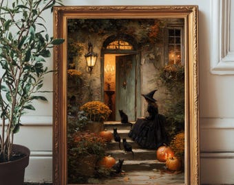Witch and Black Cats Halloween Print | Vintage Fall Home Decor (Digital Download)