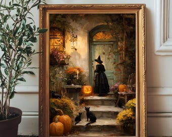 Halloween Witch Oil Painting Print | Vintage Autumn Decor (Digital Download)