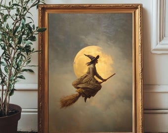 Stampa vintage di una strega volante / Decorazione murale gotica per Halloween (Download digitale)