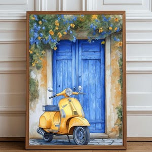 Yellow Vespa Scooter in Front of Blue Door - Italian Summer Digital Wall Art - Vintage Travel Poster - Printable Art