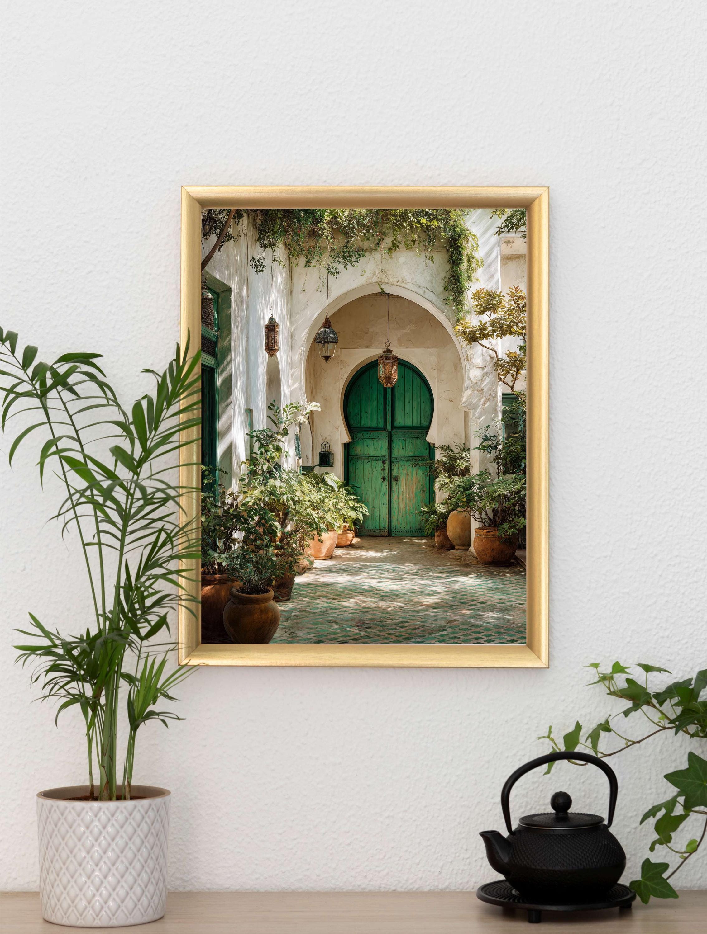 Moroccan Courtyard Watercolor Print | Green Door Wall Art ...