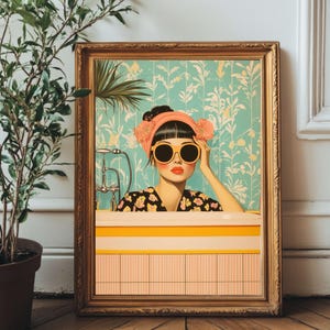 Retro Bathroom Wall Art Print - Digital File – Floral Bathtub Wallpaper, Vintage Pin-Up Aesthetic – Bold Feminine Home Decor