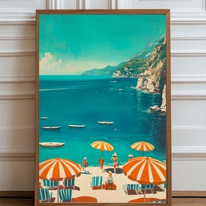 Retro Amalfi Coast Beach Print | Vintage Italy Poster | Turquoise Sea Wall Art | Mid Century Beach Decor | Coastal Art for Living Room