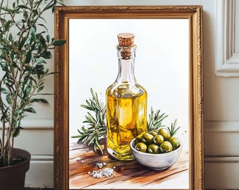 Mediterranean Olive Oil Watercolor Print – Rustic Kitchen Art (Digital Download)