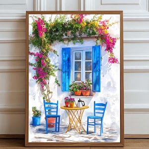 Greek Island Terrace Wall Art – Blue Shutters & Bougainvillea | Mediterranean Summer Print