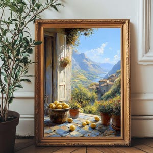 Mediterranean Kitchen View with Lemons – Rustic Italian Countryside Digital Wall Art Print, Sunny Farmhouse Landscape Painting for  Decor