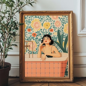Tropical Retro Bathroom Wall Art | Vintage Woman in Bathtub | Digital Download | Botanical Floral Tile Printable Decor