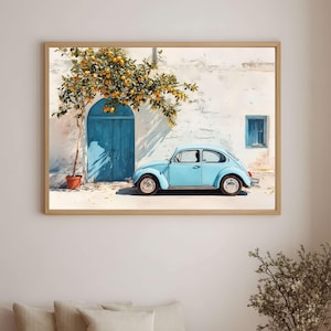 Watercolor Vintage Blue Beetle & Lemon Tree, Greece Wall Art Digital Download  Greek Island Coastal Home Decor