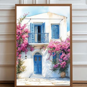 Greek Island Wall Art – White House with Blue Shutters & Bougainvillea – Mediterranean Print Decor