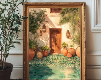 Marrakech Riad Wall Art Print, Moroccan Courtyard Decor, Boho Mediterranean Home Decor, Digital Download Poster