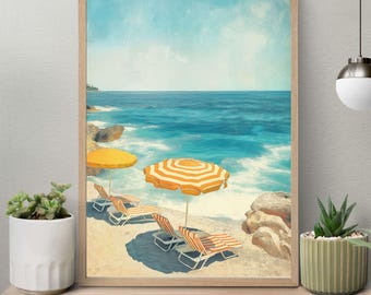 Retro Italian Beach Print, Striped Umbrellas, Coastal Art (Digital Download)