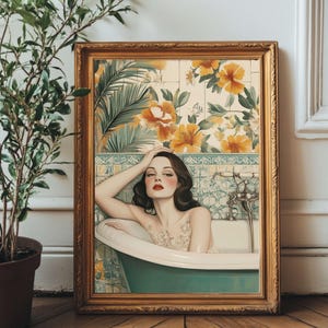Retro Bathroom Wall Art | Eclectic Elegant Woman in Vintage Bathtub |Floral Botanical Bathroom Decor | Printable Art | Glam Chic Print