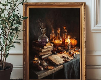 Grafika ścienna „Ołtarz czarownicy” | Gotycka grafika na Halloween do pobrania | Dekoracje w postaci butelek na mikstury i świec Dark Academia