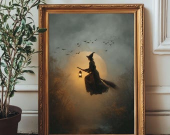 Witch Flying Over Full Moon Wall Art Print – Gothic Halloween Decor, Witch on Broomstick, Spooky Autumn Home Decoration