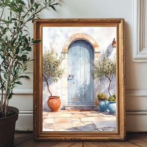 Greek Island Doorway Wall Art – Light Watercolor Digital Print with Blue Door, Olive Trees & Terracotta Pots – Santorini-Inspired Decor