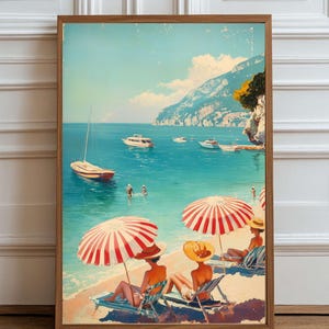 Retro Amalfi Coast Beach Print | Vintage Italy Poster | Turquoise Sea Wall Art | Mid Century Beach Decor | Coastal Art for Living Room