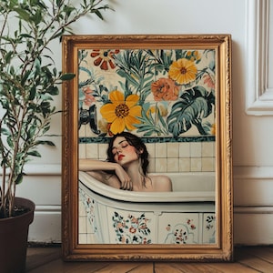 Retro Floral Bathroom Wall Art Print – Digital Download of Woman in Bathtub, Vintage Aesthetic, Boho Bathroom Decor