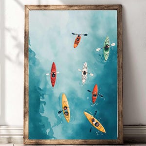 Stampa murale minimalista con kayak e acquerello / Stampa con vista aerea del lago / Arte colorata con canoa, decorazione boho avventurosa, download digitale, poster naturalistico