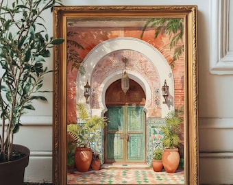 Moroccan Door Wall Art Print, Digital Download | Islamic Architecture Home Decor | Boho Oriental Arched Doorway Watercolor Poster