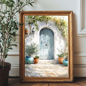 Greek Island Doorway Wall Art – Light Watercolor Digital Print with Blue Door, Olive Trees & Terracotta Pots – Santorini-Inspired Decor