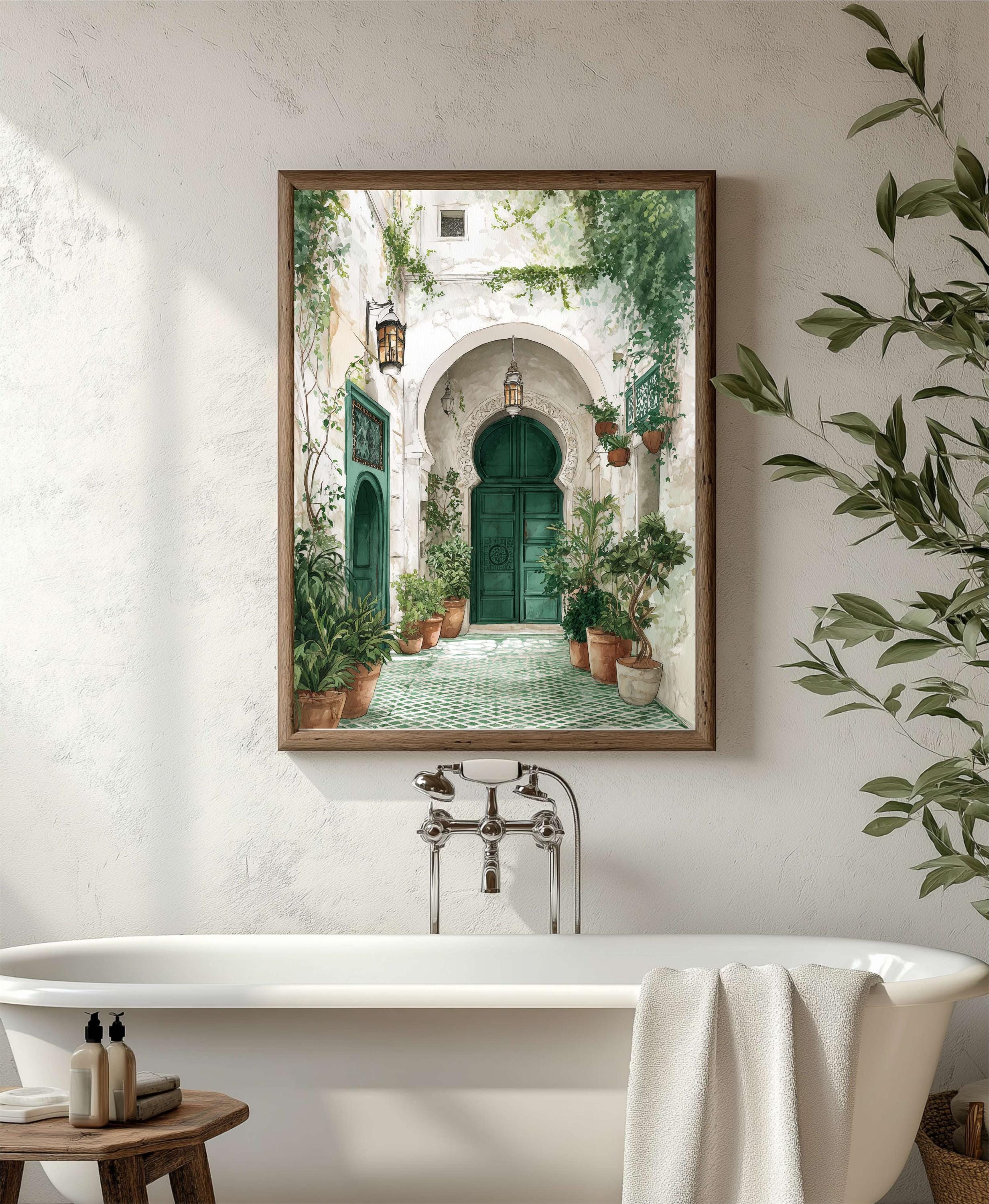 Moroccan Courtyard Watercolor Print | Green Door Wall Art ...