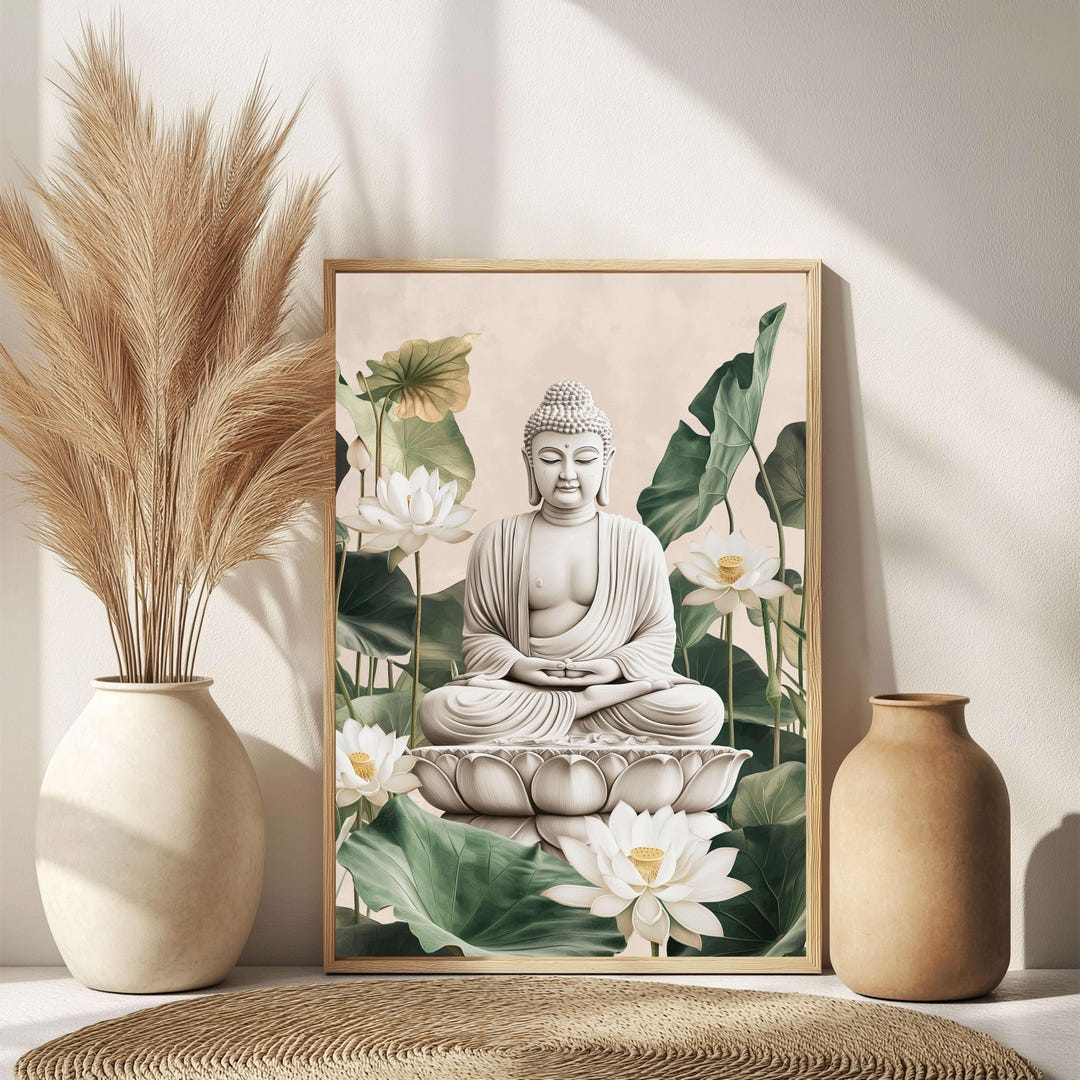 Serene Buddha With White Lotus | Spiritual Zen Wall Art | Botanical ...