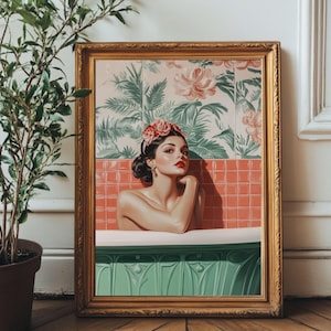 Retro Glam Bathroom Wall Art - Eclectic Boheme Floral Background - Vintage-Inspired Digital Print - Feminine Art Deco Home Decor