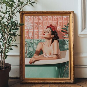 Retro Glam Bathroom Wall Art – Vintage Woman in Bathtub – Pin-Up Style Digital Download – Mid-Century Green Tiles, Emerald Printable Artwork