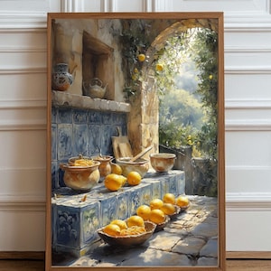 Mediterranean Kitchen View with Lemons – Rustic Italian Countryside Digital Wall Art Print, Sunny Farmhouse Landscape Painting for  Decor