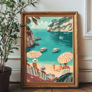 Retro Amalfi Coast Beach Print | Vintage Italy Poster | Turquoise Sea Wall Art | Mid Century Beach Decor | Coastal Art for Living Room