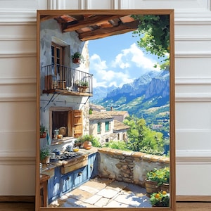 Mediterranean Kitchen View with Lemons – Rustic Italian Countryside Digital Wall Art Print, Sunny Farmhouse Landscape Painting for  Decor