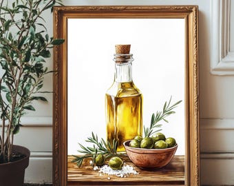Olive Oil Still Life Print – Mediterranean Kitchen Watercolor (Digital Download)