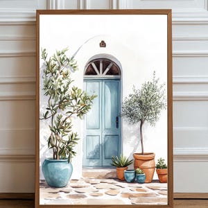 Greek Island Doorway Wall Art – Light Watercolor Digital Print with Blue Door, Olive Trees & Terracotta Pots – Santorini-Inspired Decor