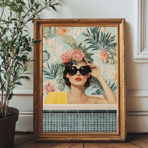Retro Bathroom Wall Art Print - Digital File – Floral Bathtub Wallpaper, Vintage Pin-Up Aesthetic – Bold Feminine Home Decor