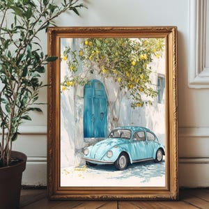 Greece Wall Art Digital Download – Watercolor Vintage Blue Beetle & Lemon Tree, Greek Island Coastal Home Decor