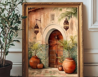 Moroccan Door Wall Art Print, Digital Download | Islamic Architecture Home Decor | Boho Oriental Arched Doorway Watercolor Poster