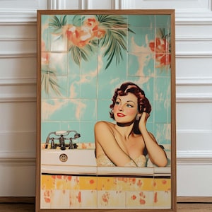 Retro Glam Bathroom Wall Art – Vintage Woman in Bathtub – Pin-Up Style Digital Download – Mid-Century Green Tiles, Emerald Printable Artwork
