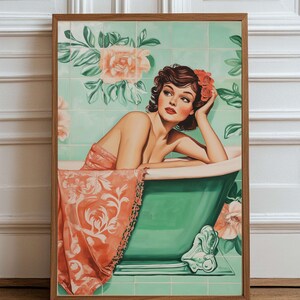 Retro Glam Bathroom Wall Art – Vintage Woman in Bathtub – Pin-Up Style Digital Download – Mid-Century Green Tiles, Emerald Printable Artwork