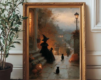 Autumn Witch Wall Art | Cozy Autumn Porch with Pumpkins & Black Cats | Vintage Oil Painting Digital Download | Fall Home Decor