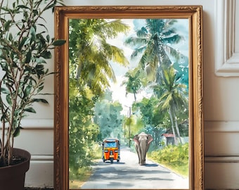 May include: Watercolor painting in a gold frame depicts a tropical road scene. An orange tuk-tuk travels toward the viewer, while an elephant walks in the opposite direction. Lush green trees and palm trees line the road.